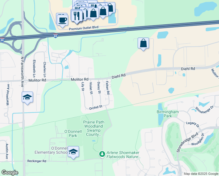 map of restaurants, bars, coffee shops, grocery stores, and more near 1761 Felten Road in Aurora