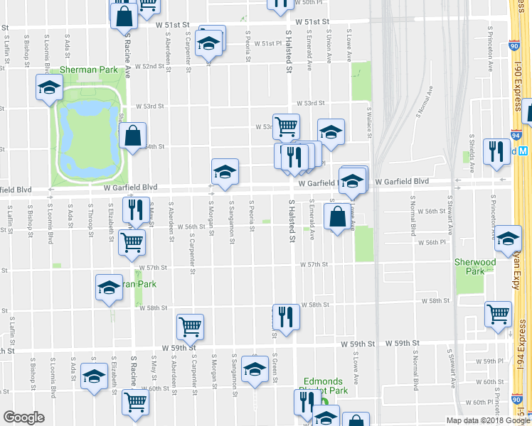 map of restaurants, bars, coffee shops, grocery stores, and more near 5530 South Green Street in Chicago