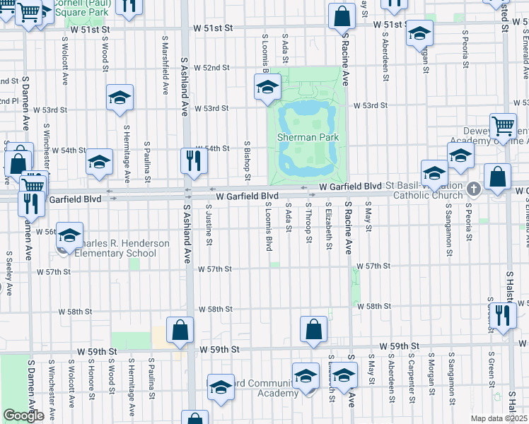 map of restaurants, bars, coffee shops, grocery stores, and more near 5522 South Loomis Boulevard in Chicago