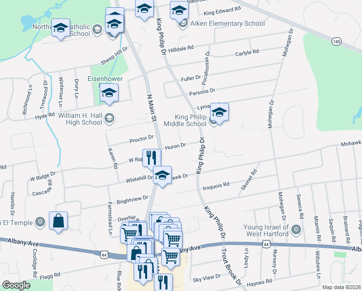 map of restaurants, bars, coffee shops, grocery stores, and more near 21 Huron Dr in West Hartford
