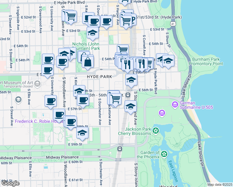 map of restaurants, bars, coffee shops, grocery stores, and more near 5608 S Harper Ave in Chicago
