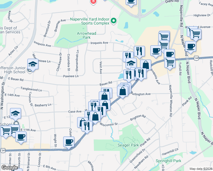 map of restaurants, bars, coffee shops, grocery stores, and more near 26W051 Bauer Road in Naperville