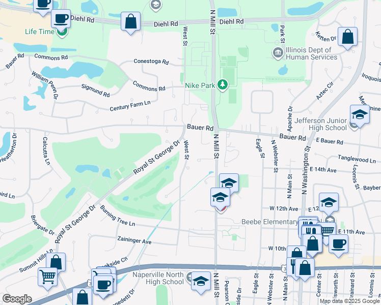 map of restaurants, bars, coffee shops, grocery stores, and more near 1404 West Street in Naperville
