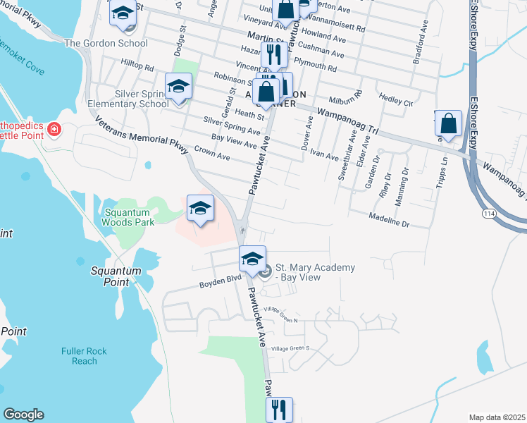 map of restaurants, bars, coffee shops, grocery stores, and more near 18 Merritt Road in East Providence