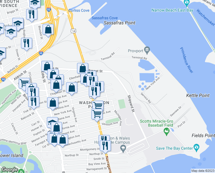 map of restaurants, bars, coffee shops, grocery stores, and more near 42 Toronto Avenue in Providence
