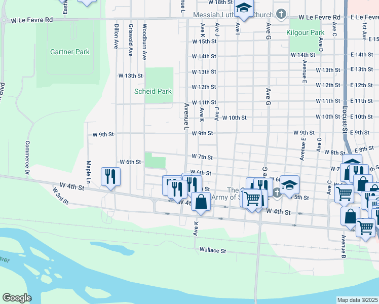 map of restaurants, bars, coffee shops, grocery stores, and more near 702 Avenue L in Sterling