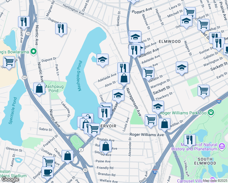 map of restaurants, bars, coffee shops, grocery stores, and more near 30 Algonquin Street in Providence