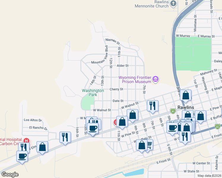 map of restaurants, bars, coffee shops, grocery stores, and more near 1200 Cherry Street in Rawlins