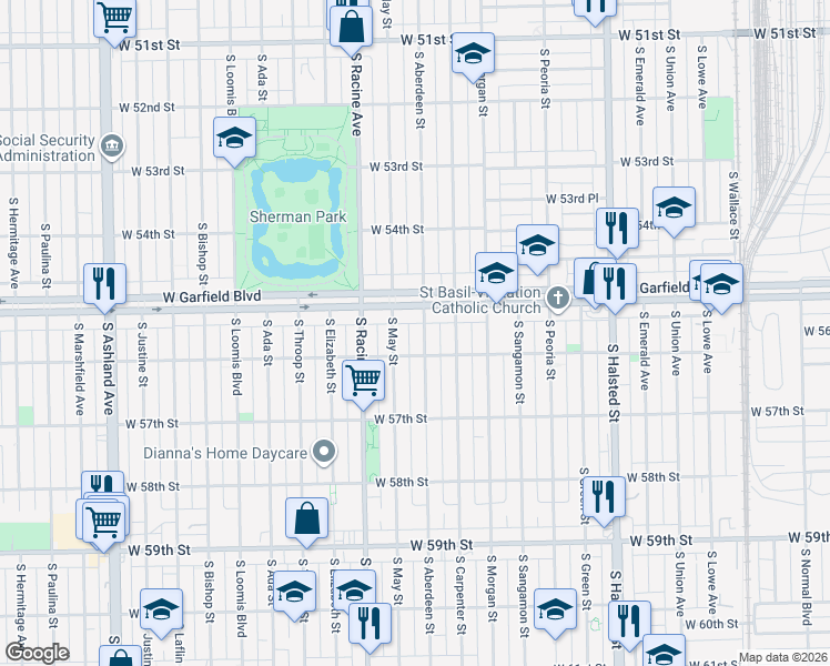 map of restaurants, bars, coffee shops, grocery stores, and more near 5524 South Aberdeen Street in Chicago