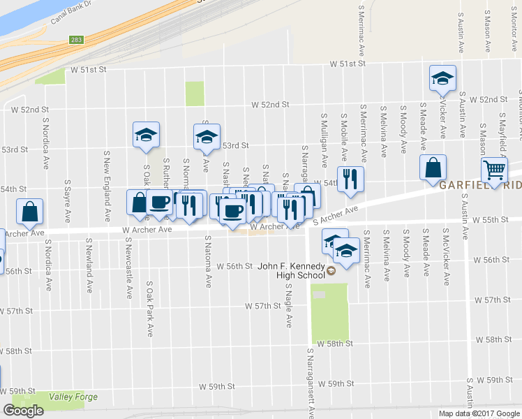 map of restaurants, bars, coffee shops, grocery stores, and more near 5438 S Natchez Ave in Chicago