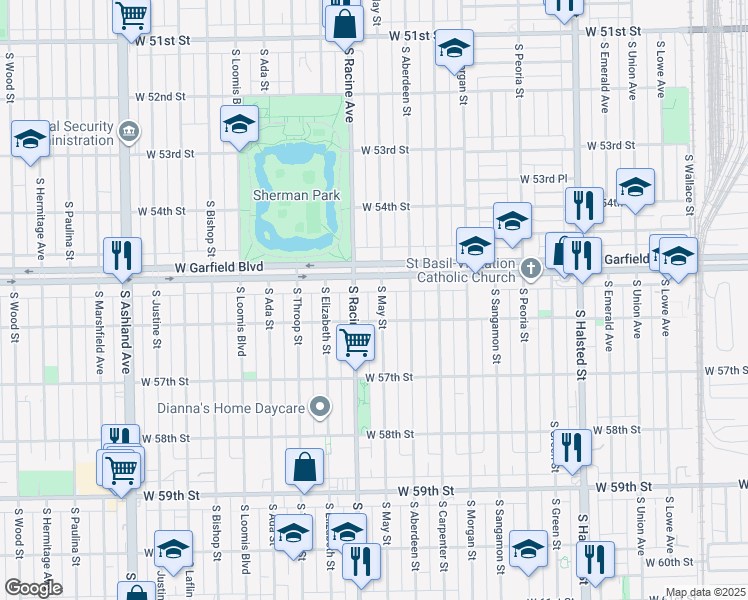 map of restaurants, bars, coffee shops, grocery stores, and more near 5524 South May Street in Chicago