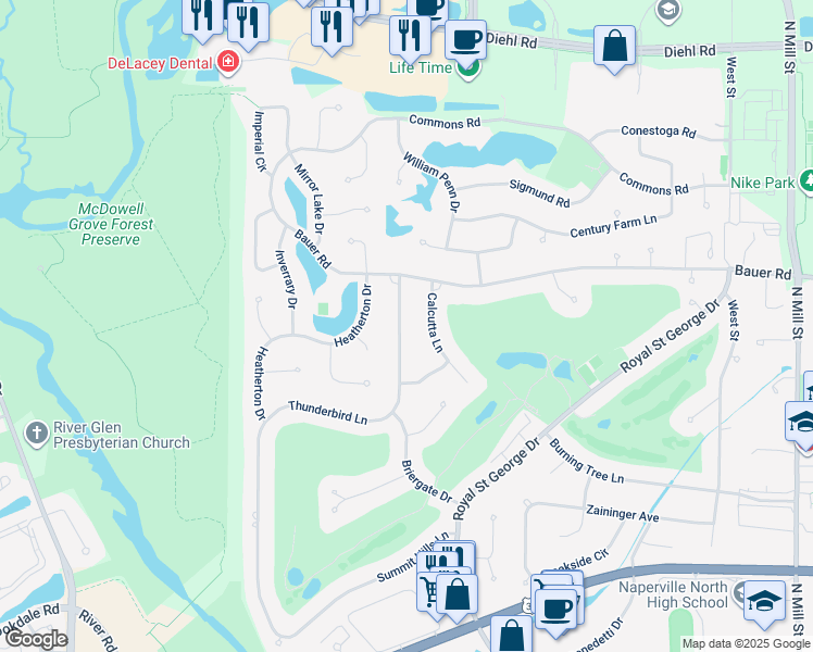 map of restaurants, bars, coffee shops, grocery stores, and more near 1456 Briergate Drive in Naperville