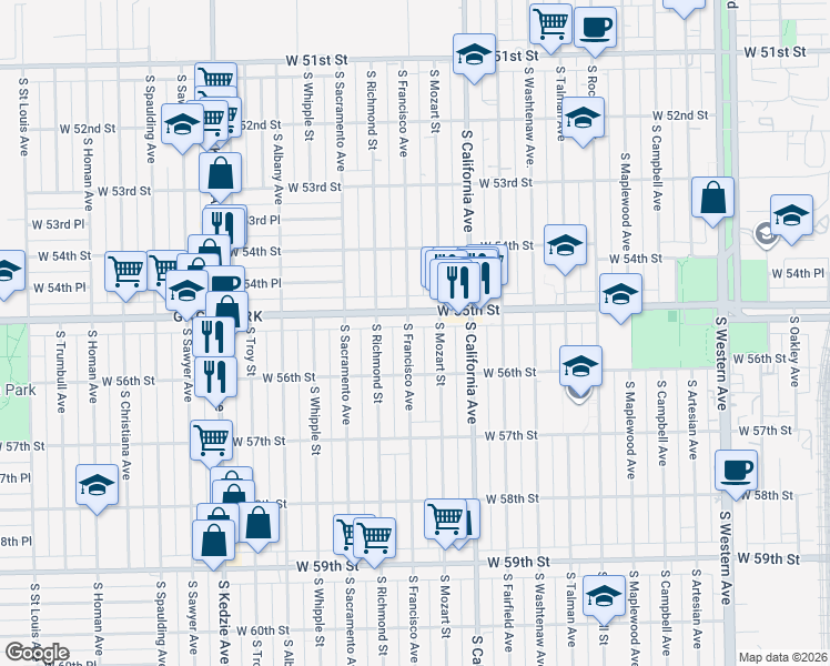 map of restaurants, bars, coffee shops, grocery stores, and more near 5519 South Francisco Avenue in Chicago