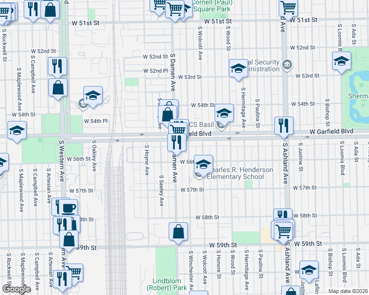 map of restaurants, bars, coffee shops, grocery stores, and more near 5518 South Winchester Avenue in Chicago