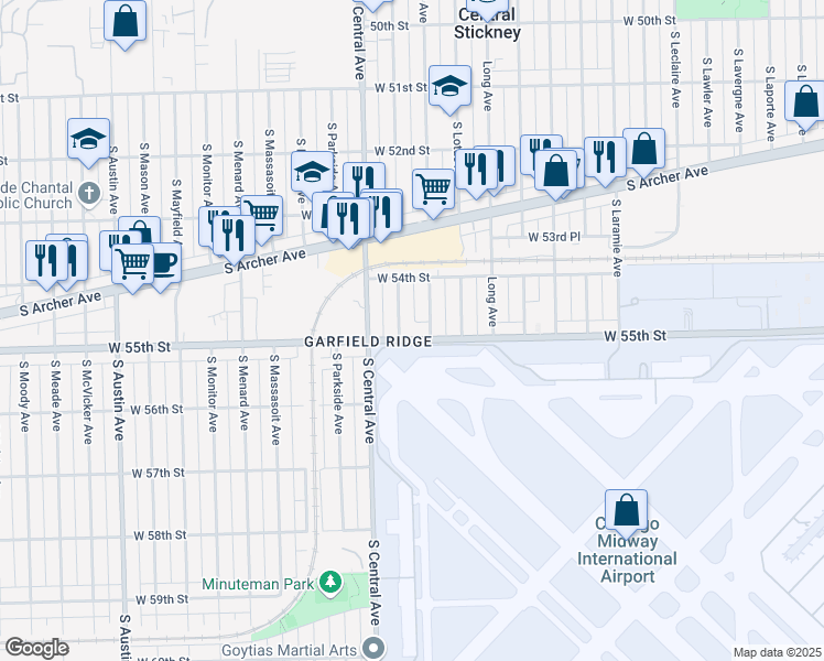 map of restaurants, bars, coffee shops, grocery stores, and more near 5416 South Luna Avenue in Chicago