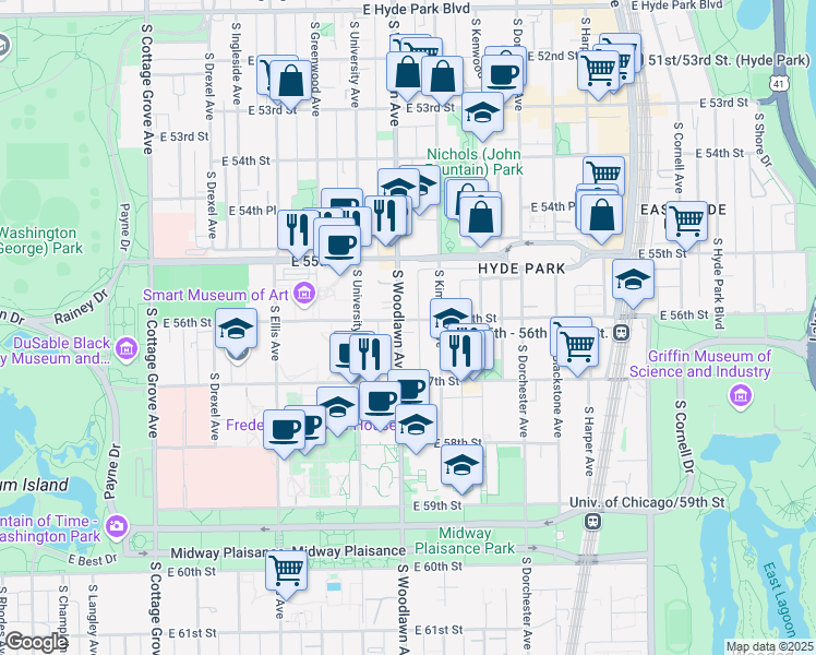 map of restaurants, bars, coffee shops, grocery stores, and more near 5605 South Woodlawn Avenue in Chicago