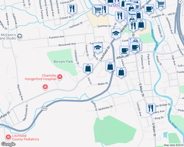 map of restaurants, bars, coffee shops, grocery stores, and more near 433 Litchfield Street in Torrington