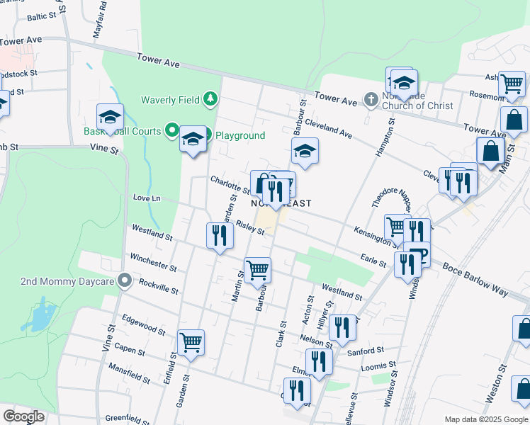 map of restaurants, bars, coffee shops, grocery stores, and more near 265 Barbour Street in Hartford