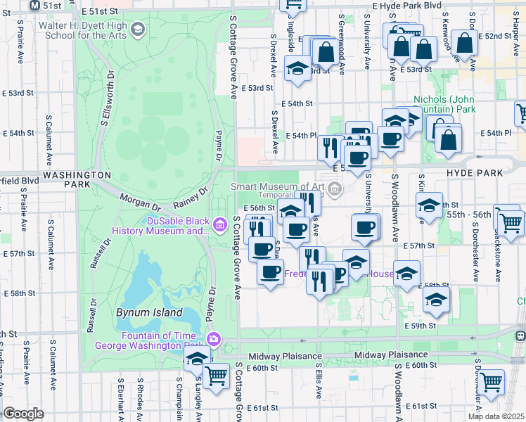 map of restaurants, bars, coffee shops, grocery stores, and more near 5607 South Maryland Avenue in Chicago