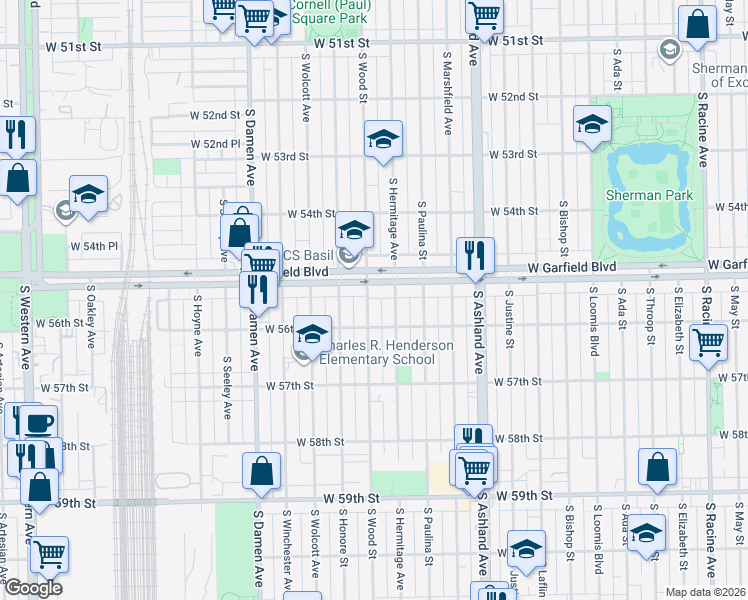 map of restaurants, bars, coffee shops, grocery stores, and more near 5517 South Wood Street in Chicago