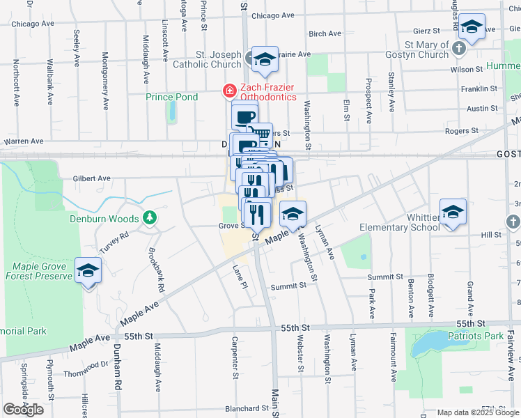 map of restaurants, bars, coffee shops, grocery stores, and more near 5157 Main Street in Downers Grove