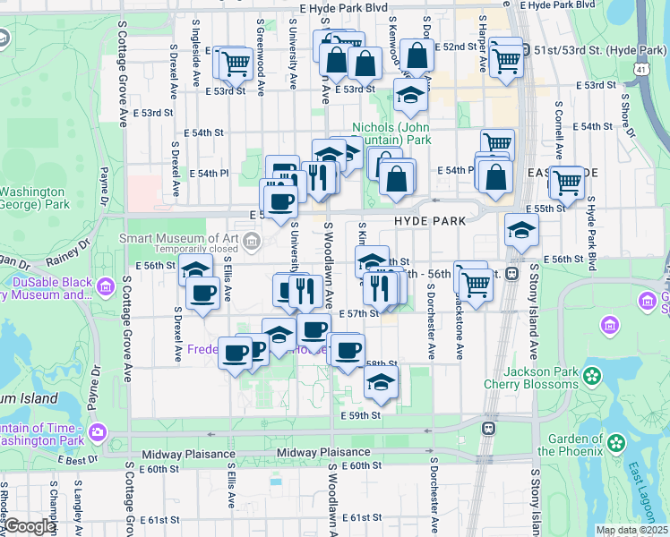 map of restaurants, bars, coffee shops, grocery stores, and more near 5605 South Woodlawn Avenue in Chicago