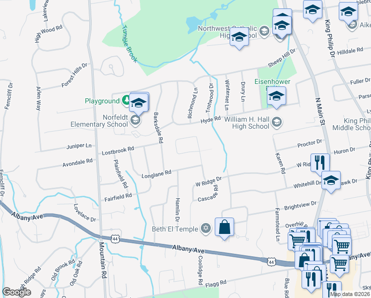map of restaurants, bars, coffee shops, grocery stores, and more near 85 Hartwell Road in West Hartford