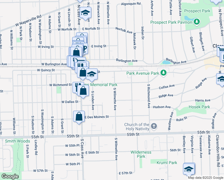 map of restaurants, bars, coffee shops, grocery stores, and more near 114 South Wilmette Avenue in Westmont
