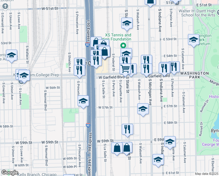 map of restaurants, bars, coffee shops, grocery stores, and more near 151 West Garfield Boulevard in Chicago