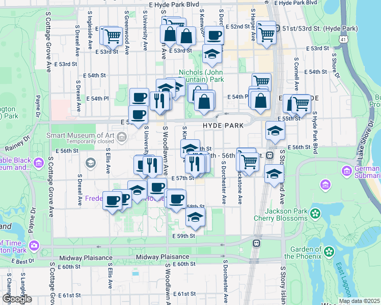 map of restaurants, bars, coffee shops, grocery stores, and more near 1321 East 56th Street in Chicago