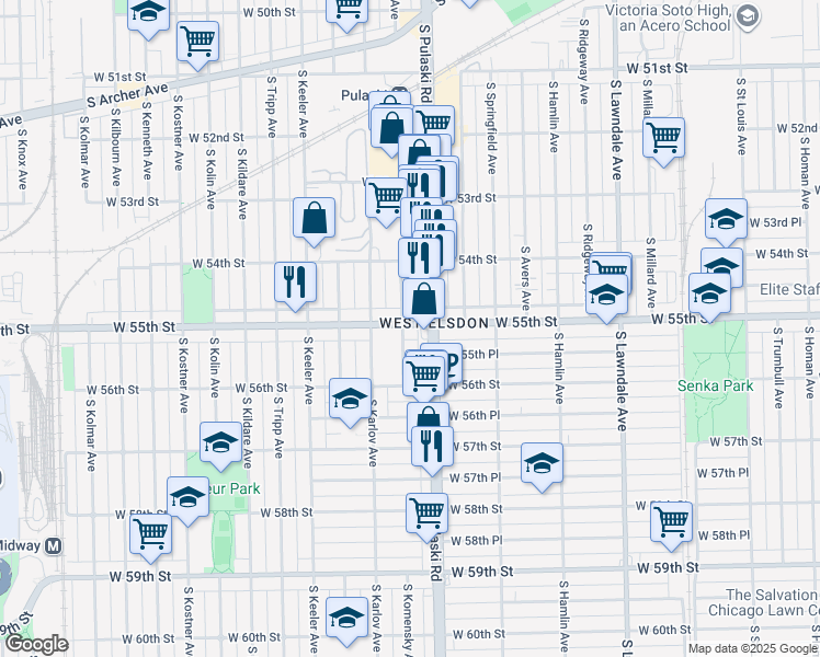 map of restaurants, bars, coffee shops, grocery stores, and more near 5505 South Komensky Avenue in Chicago