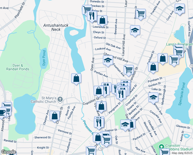 map of restaurants, bars, coffee shops, grocery stores, and more near 46 Queen Street in Cranston