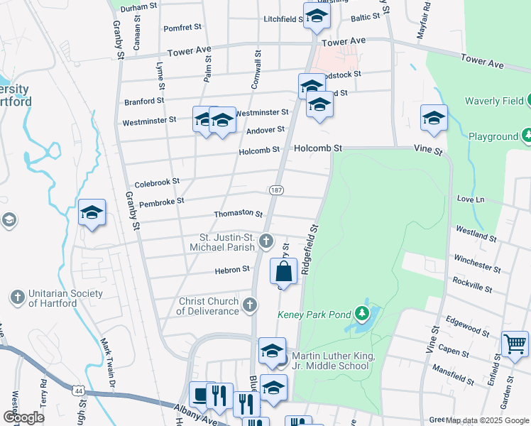 map of restaurants, bars, coffee shops, grocery stores, and more near 291 Blue Hills Avenue in Hartford