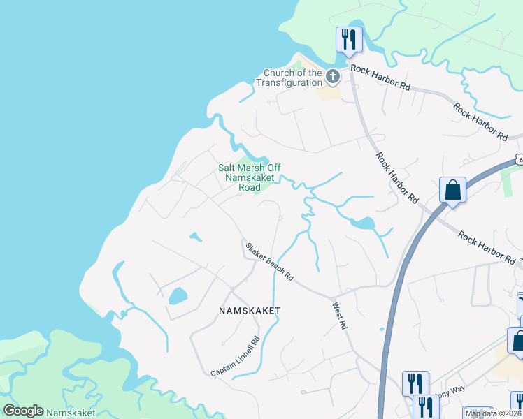 map of restaurants, bars, coffee shops, grocery stores, and more near 36 Gull Lane in Orleans