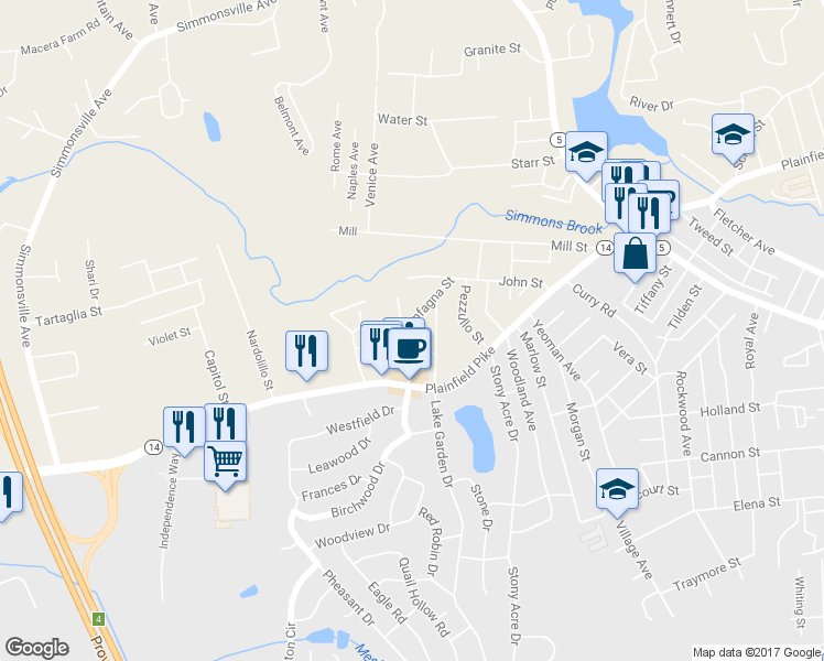map of restaurants, bars, coffee shops, grocery stores, and more near 21 Rachela Street in Johnston