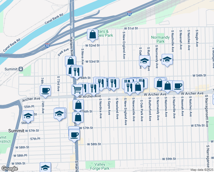 map of restaurants, bars, coffee shops, grocery stores, and more near 5430 South Sayre Avenue in Chicago