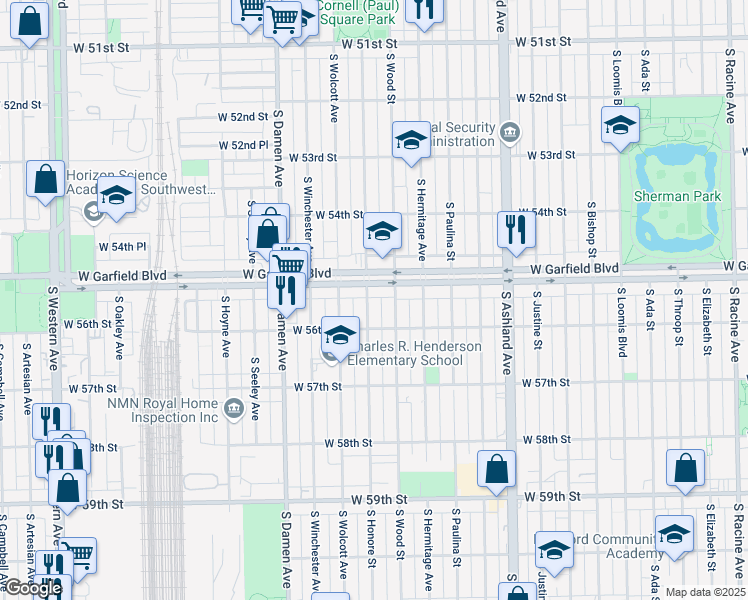 map of restaurants, bars, coffee shops, grocery stores, and more near 5515 South Honore Street in Chicago