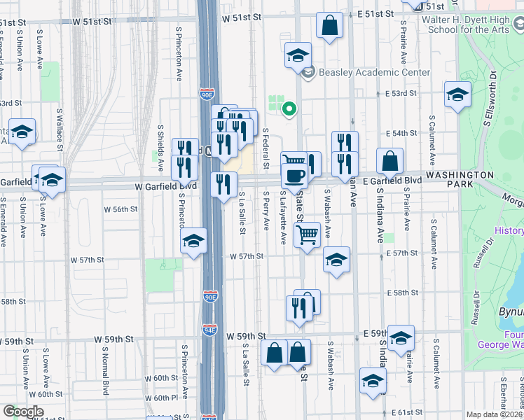 map of restaurants, bars, coffee shops, grocery stores, and more near 151 West Garfield Boulevard in Chicago