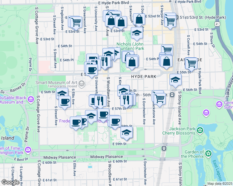 map of restaurants, bars, coffee shops, grocery stores, and more near 1225 East 56th Street in Chicago