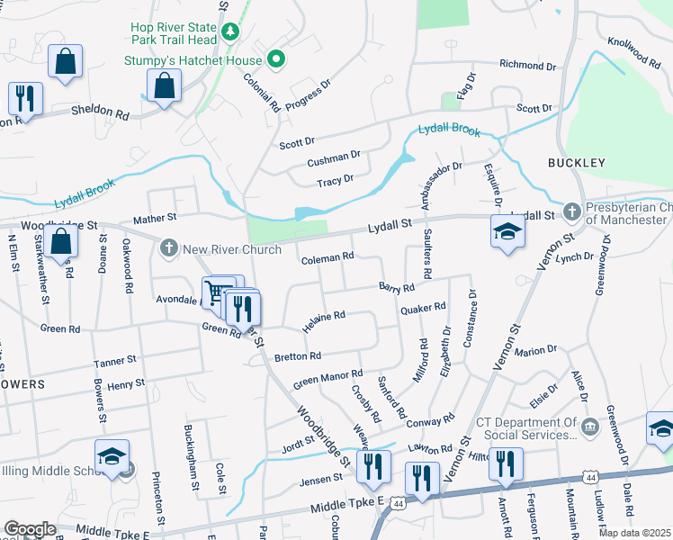 map of restaurants, bars, coffee shops, grocery stores, and more near 12 Bonner Rd in Manchester