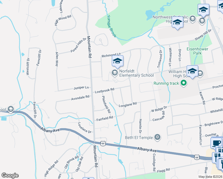 map of restaurants, bars, coffee shops, grocery stores, and more near Lostbrook Road in West Hartford