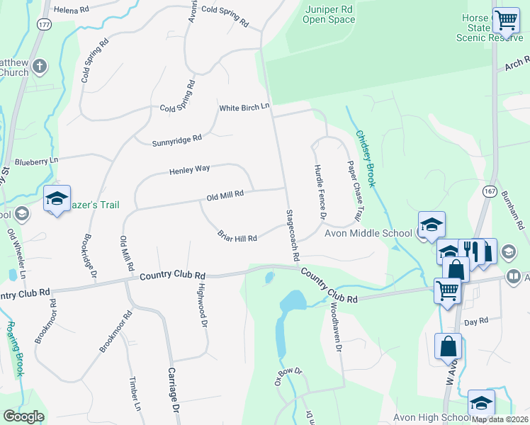 map of restaurants, bars, coffee shops, grocery stores, and more near 8 Briar Hill Road in Avon