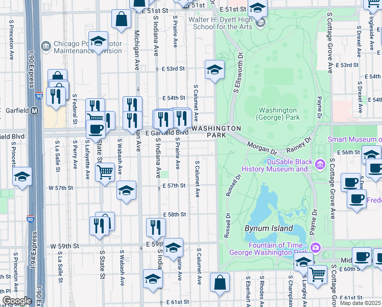 map of restaurants, bars, coffee shops, grocery stores, and more near 326 East 56th Street in Chicago