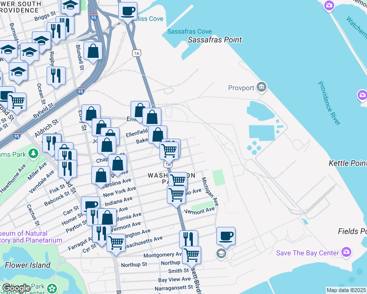 map of restaurants, bars, coffee shops, grocery stores, and more near 62 Toronto Avenue in Providence