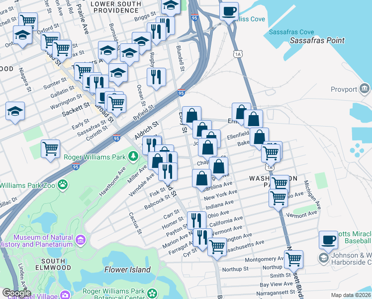 map of restaurants, bars, coffee shops, grocery stores, and more near 126 Johnson Street in Providence