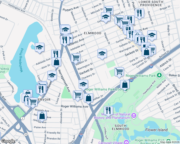 map of restaurants, bars, coffee shops, grocery stores, and more near 21 Thackery Street in Providence
