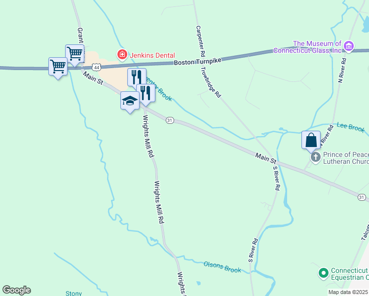 map of restaurants, bars, coffee shops, grocery stores, and more near 3399 Main Street in Coventry