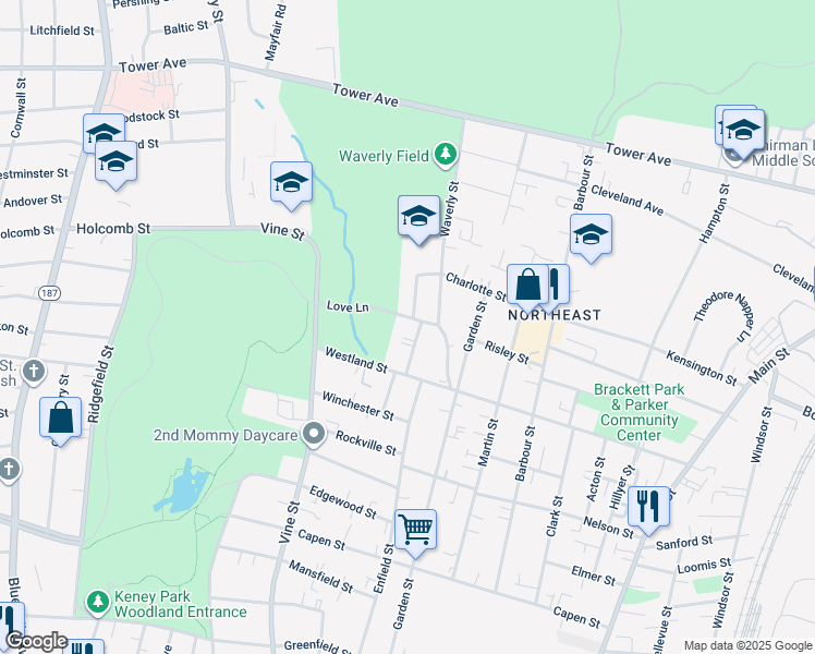 map of restaurants, bars, coffee shops, grocery stores, and more near 83 Love Lane in Hartford