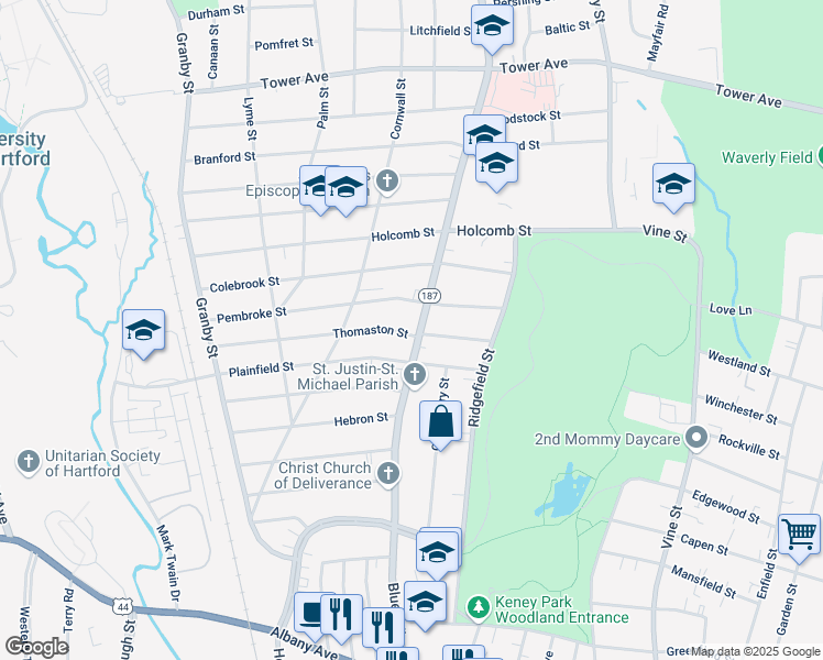 map of restaurants, bars, coffee shops, grocery stores, and more near 291 Blue Hills Avenue in Hartford