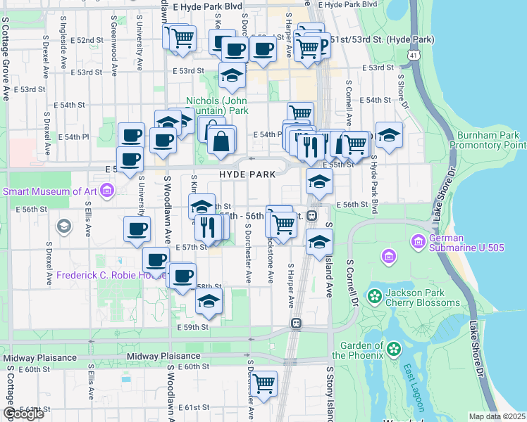map of restaurants, bars, coffee shops, grocery stores, and more near 5605 South Dorchester Avenue in Chicago